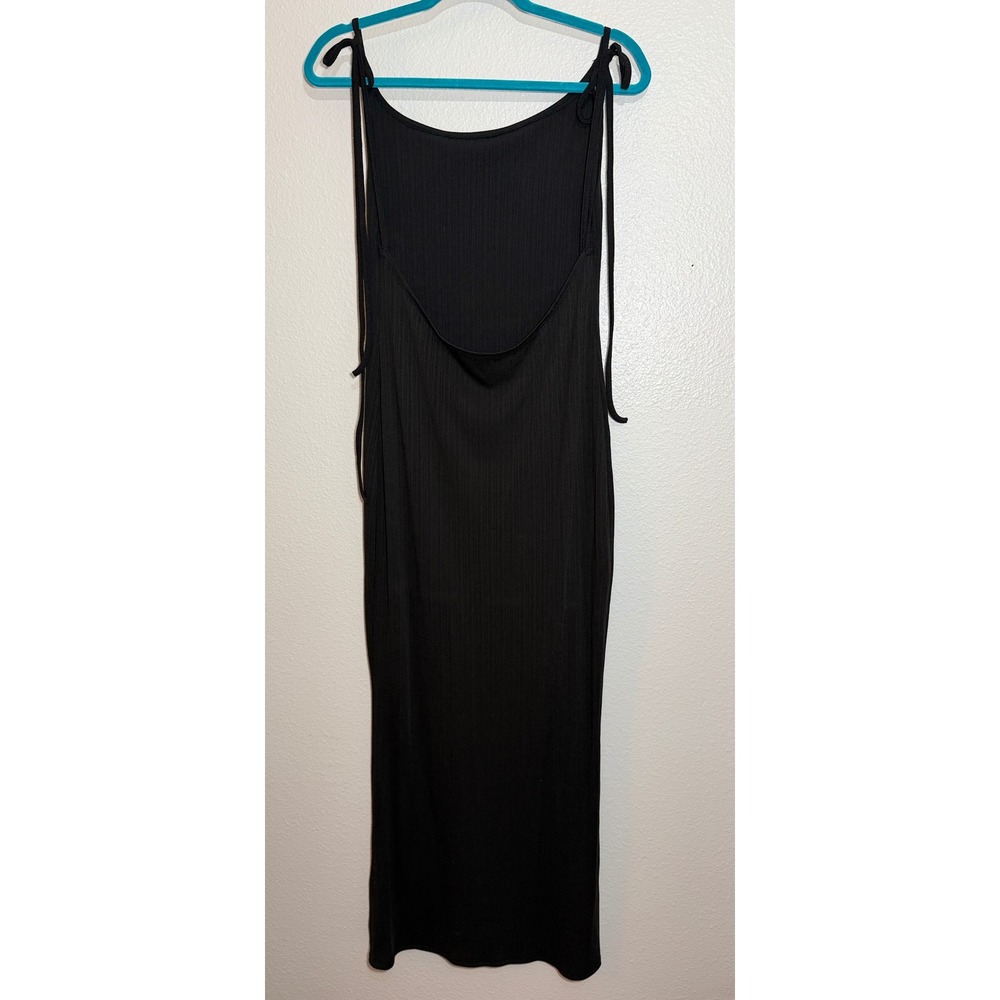 Black Ribbed Open Back Midi Dress Womens L Tie Shoulder Minimalist Clean Girl